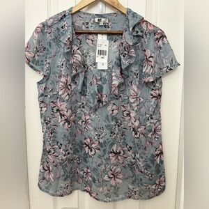 Kut from the Kloth Floral Ruffle Blouse - Pink and Gray
